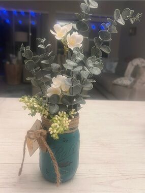 Teal Ball Mason Jar Floral Arrangement with Jute Accent